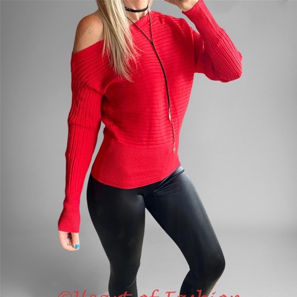 Off Shoulder Dolman Soft Slouchy Sweater Top Red - Picture 2 of 6